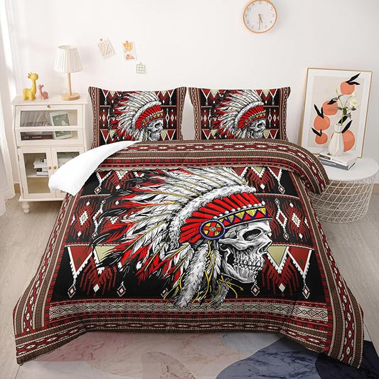 3D Indian Skull Comforter Set Twin Size 3Pcs,3D Bohemia Bedding Soft Warm Comforter for All Season Indian Skull Room Decor with 1 Comforter and 2 Pillow Case