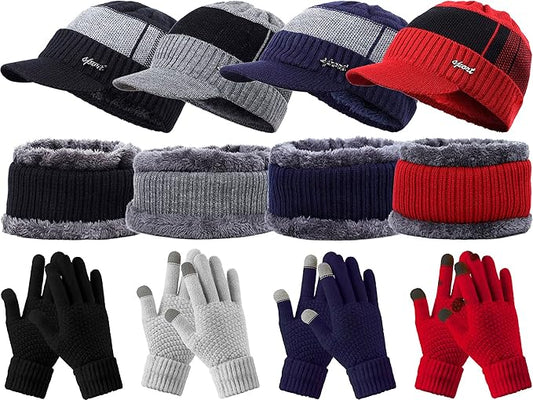 12 Pcs Winter Hat Scarf Gloves Set Winter Slouchy Skull Cap Knit Hats Touch Screen Gloves Neck Warmer for men
