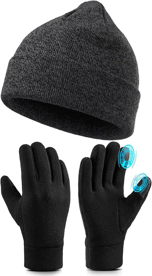 Winter Gloves Beanie Hat Set: Polar Fleece Touch Screen Glove Soft Skull Cap Set for Men and Women Gift