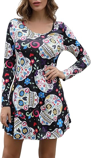 Women's Long Sleeve Halloween Print Swing Short Dress Cute Costume Tunic Dresses for Parties