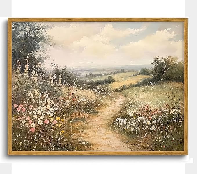 Framed Countryside Landscape Canvas Wall Art Print - farmhouse Wildflower Meadow Poster Image - Vintage Style Farmhouse Artwork for Gallery or Living Room Decor 12 x 16 Inch Ready to Hang