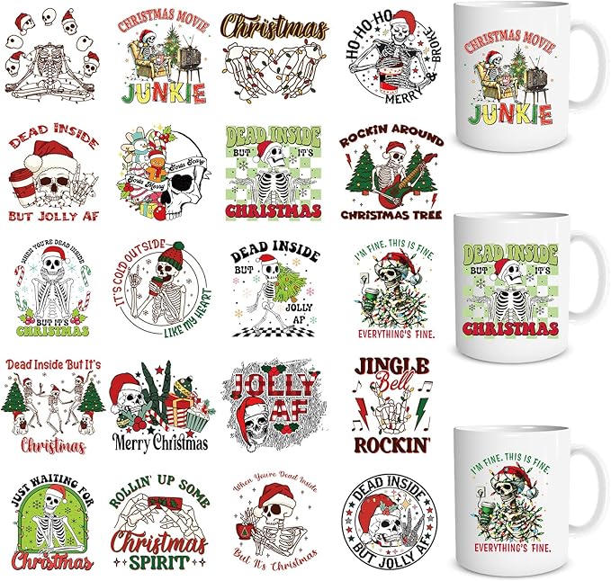 Christmas UV DTF Stickers - 20 Sheets Christmas Skeleton UV DTF Cup Wraps for 16 OZ Funny Xmas Skull Waterproof UVDTF Rub on Transfer Decals for Glasses Cups Mug DIY Crafts