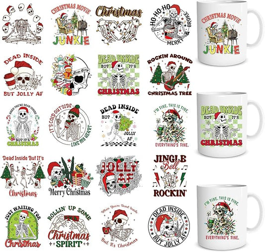 Christmas UV DTF Stickers - 20 Sheets Christmas Skeleton UV DTF Cup Wraps for 16 OZ Funny Xmas Skull Waterproof UVDTF Rub on Transfer Decals for Glasses Cups Mug DIY Crafts