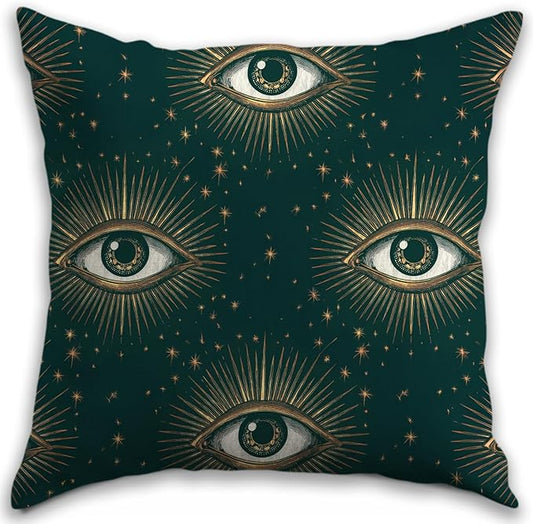 Gothic Floral Throw Pillow Cover, Darkly Elegant Floral Decorative Pillow Spooky Tiki Skull Flower Motif, Witchy Art Deco Pillowcase Cushion Cover for Bed Sofa Living Room (Green-EYES, 18x18inches)