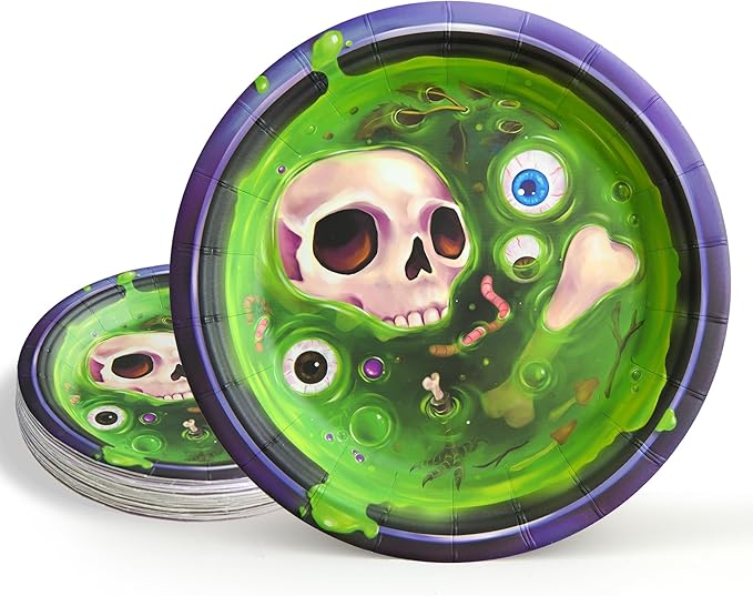 Cheerland 24 Pcs Disposable Halloween Plates Scary Cake Plate Witch Party Decorations Skull Party Decor Spooky Eyeball Skeleton Monster Bash Trick or Treat Tableware Halloween Paper Plates