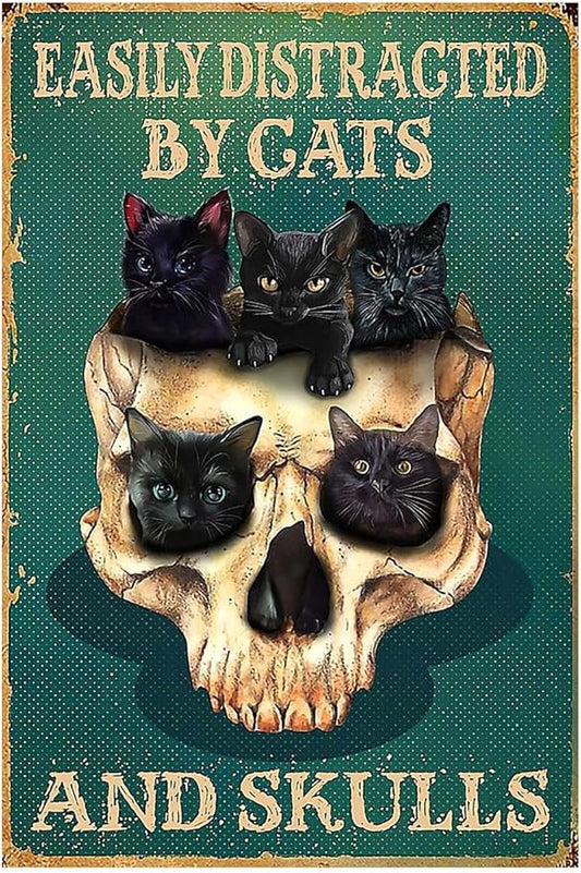 Funny Skull Tin Signs, Black Cats Metal Sign, Distracted by Cats, Halloween Poster Positive Wall Decor Plaque for Garden, Bars, Restaurants, Cafes, Pubs 8 X 12 Inches