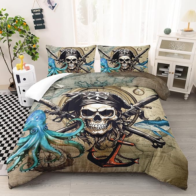 AILONEN 3D Pirate Captain Skull Comforter Set Full Size, Octopus Dolphin Bedding Set for Kids Boys Girls,Nautical Theme Bed in a Bag Duvet Set,1 Quilt and 2 Pillowcases,3PCS