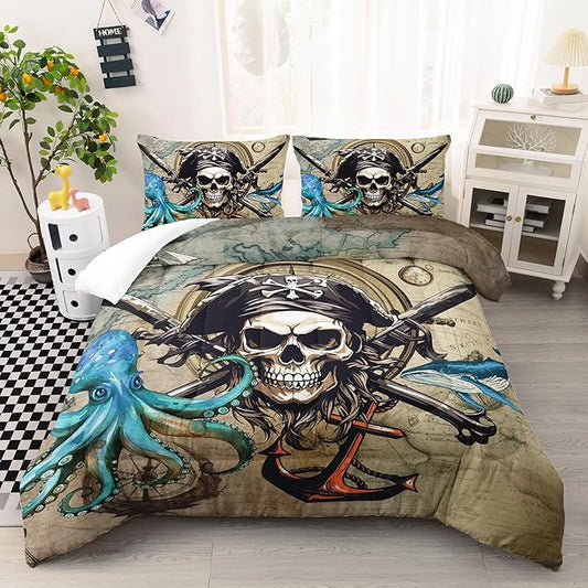 AILONEN 3D Pirate Captain Skull Comforter Set Full Size, Octopus Dolphin Bedding Set for Kids Boys Girls,Nautical Theme Bed in a Bag Duvet Set,1 Quilt and 2 Pillowcases,3PCS