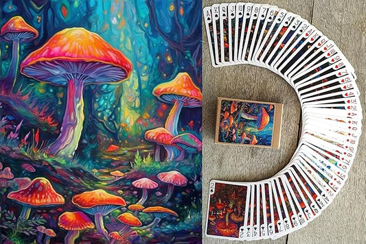 Funky Mushrooms Playing Cards (Poker Deck 54 Cards All Different) Psychedelic Glass Stained Art Bioluminescent Cool Mushrooms Vintage Illustration