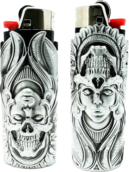 Metal Lighter Case Cover Holder fits BIC Lighter Full Standard Size J6 One Piece Design in Goddess and Skull