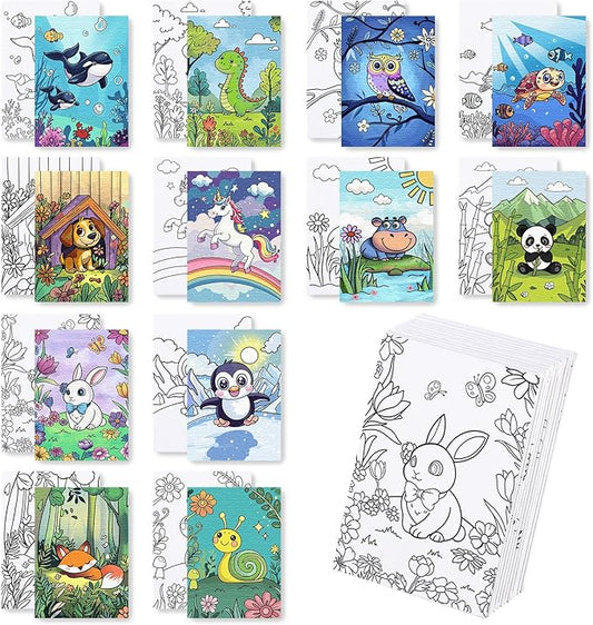 12 Packs Animal Pre Drawn Canvas to Paint, Animal Pre Printed Canvas for Painting, Pre Stretched Canvas Outline Painting Boards for Beginners, Students, Party Favors(5 * 7in)