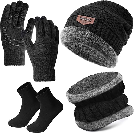 4 Pcs Winter Knit Beanie Hat Neck Warmer Scarf Touch Screen Gloves and Sock Set Fleece Lined Skull Cap for Men Women
