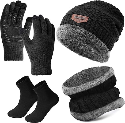 4 Pcs Winter Knit Beanie Hat Neck Warmer Scarf Touch Screen Gloves and Sock Set Fleece Lined Skull Cap for Men Women