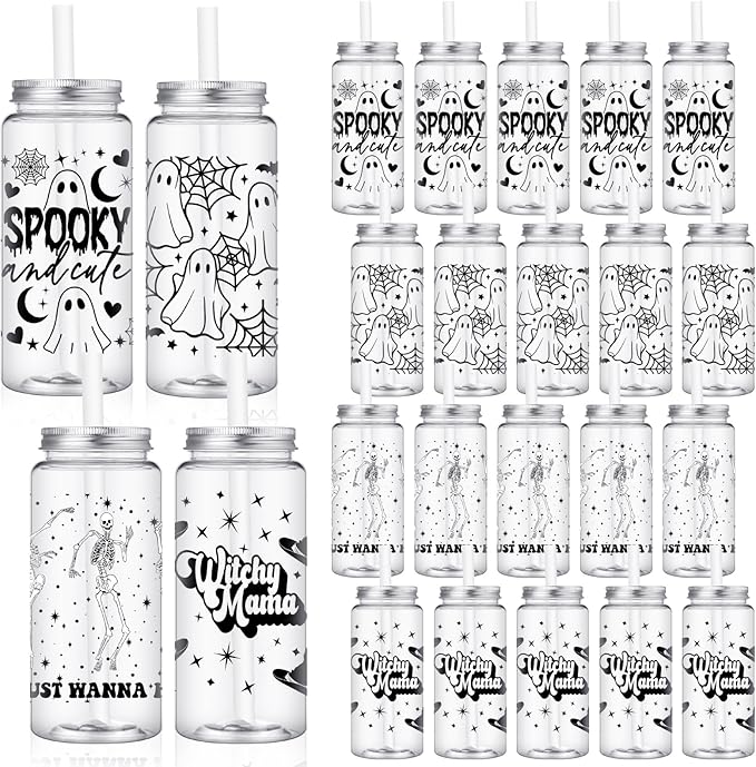 Meanplan 24 Pcs Halloween Ghost Plastic Cup with Lids and Straws Bulk 13.5 oz Reusable Cute Ghost Spooky Skeleton Witchy Mama Tumbler Halloween Coffee Mugs Gifts for Party Favors Supplies