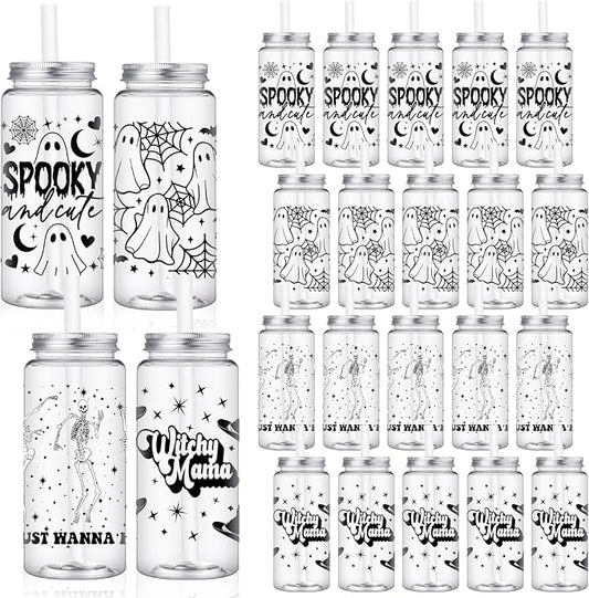 Meanplan 24 Pcs Halloween Ghost Plastic Cup with Lids and Straws Bulk 13.5 oz Reusable Cute Ghost Spooky Skeleton Witchy Mama Tumbler Halloween Coffee Mugs Gifts for Party Favors Supplies