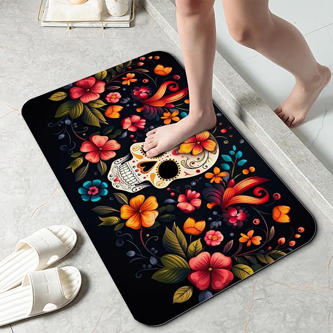 Skull Flowers Bathroom Mat, Non-Slip Rubber Backing Thin Low-Profile Bath Rug, Easy-Clean Bathroom Floor Mat for Shower, Bathtub, Kitchen, or Entryway