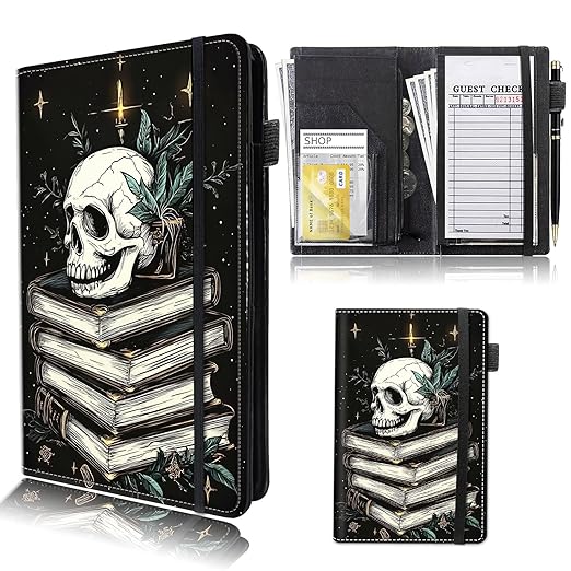 Server Book for Waitress & Waiter 9" x 5" Serving Books PU Leather Organizer with Zipper Money Pocket Restaurant Guest Check Book Pen Holder Wallet Note Pads Fit Server Aprons,Skull Books