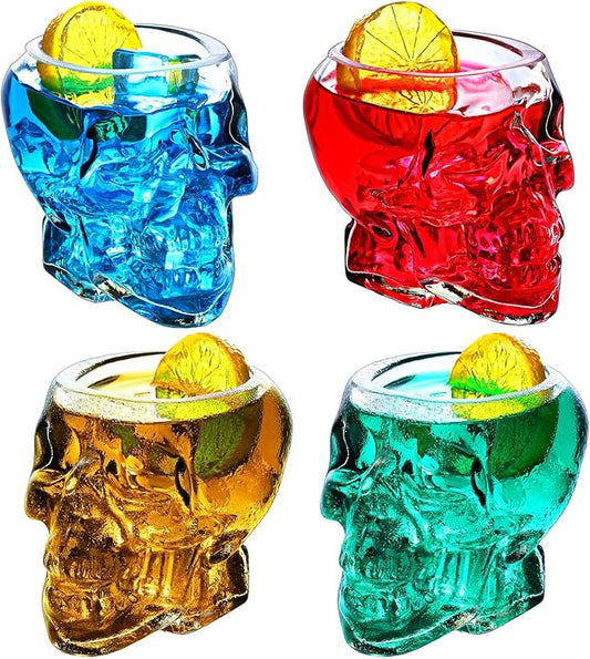 Dandat 4 Pcs Skull Glass Cup 12 oz Wine Glass Multipurpose Clear Skull Face Drinking Cup for Cocktail Margarita Whiskey Juice for Halloween Themed Party Decorations Gifts
