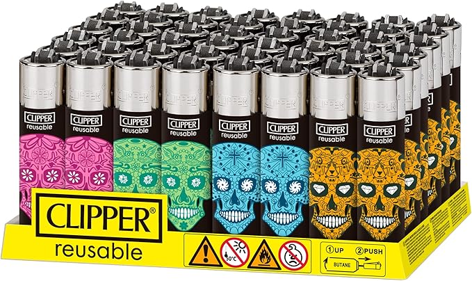 Clipper - Classic Large Reusable Lighter - Iconic Premium Refillable Lighters Bulk Pack - Replace Butane, Flint, and Spark Wheel for Unlimited Lights - 48 Pack - Sugar Skulls