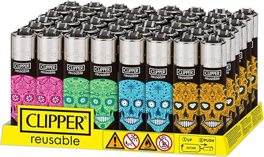Clipper - Classic Large Reusable Lighter - Iconic Premium Refillable Lighters Bulk Pack - Replace Butane, Flint, and Spark Wheel for Unlimited Lights - 48 Pack - Sugar Skulls