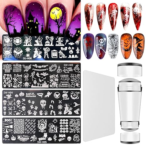 Nail Stamper Halloween Stamping Plate Kit, Dual-end Silicone French Nail Art Stamper Scraper 4Pcs Halloween Art Stencils Printing Template, Horror Ghost Skull Pumpkin Witch Nail DIY Design Home Salon