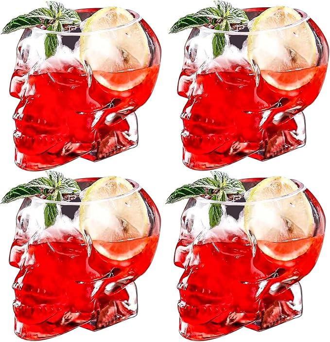 4 Pieces Halloween Skull Glass Wine Glass -12oz/350ml Unique Cocktail Glasses Funny Clear Skull Cup for Cocktail Margarita Whiskey Juice Holiday Decorations Gifts Or Themed Party