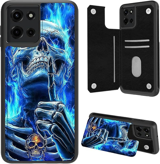 Wallet Case for Motorola Moto G Power 2025/Moto G Play 2025 6.8" with Card Holder and RFID Protection, PU Leather Kickstand Shockproof Protective Cover,Blue Flame Skull Fingers