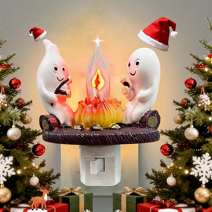 Ghost Campfire Flickering Nightlight 120V Plug into Wall - Realistic Spooky Candles for Party Decor Indoor - Christmas & Halloween Night Light Campfire Gifts for Families, Friends (Ghost)