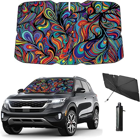Windshield Sun Shade Umbrella for Car Front Window Sun Visor for Windshield 2025 Car Summer Accessories 100% Blackout Protect Interior from Sun UV Rays & Heat 57"*31" (Abstract)