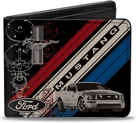 Buckle-Down Men's PU Bifold Wallet-Mustang Tri-Bar Logo/Diagonal Stripe/Blueprint Black/Red/White/Blue, Multicolor, 4.0" x 3.5"