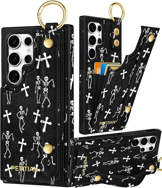 Petitian for Samsung Galaxy S25 Ultra Case with Wallet - Women Girls Cute Girly Aesthetic Unique Design Leather Credit Card Holder Cardholder Stand Wristband for S25 Ultra, Skull