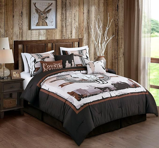 Chezmoi Collection Weston 7-Piece Southwestern Country Skull Comforter Set - Multicolor Brown Beige Tan White Printed Washed Microfiber Bedding, Full