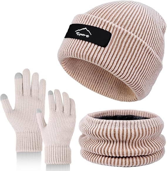 Winter Beanie Hats for Women Men, Warm Knit Beanie Neck Warmer Scarf Touch Screen Gloves Set, Skull Cap Gift for Women
