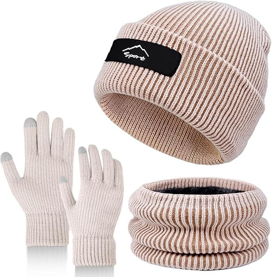 Winter Beanie Hats for Women Men, Warm Knit Beanie Neck Warmer Scarf Touch Screen Gloves Set, Skull Cap Gift for Women