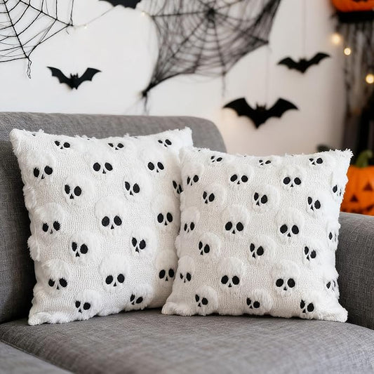 Halloween Throw Pillow Covers 18 in x 18 in, White Jacquard Plush Faux Fur Pillow Cases Embroidered Skull Couch Covers Set of 2