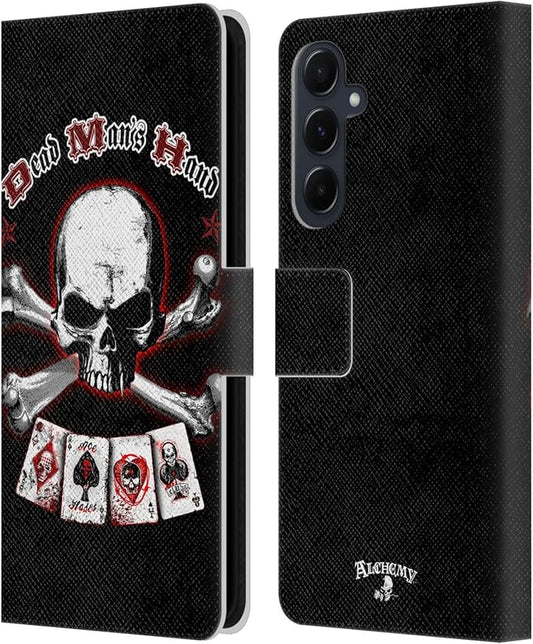 Head Case Designs Officially Licensed Alchemy Gothic Dead Man's Hand Skull and Cards Leather Wallet Case Compatible with Samsung Galaxy A55 5G