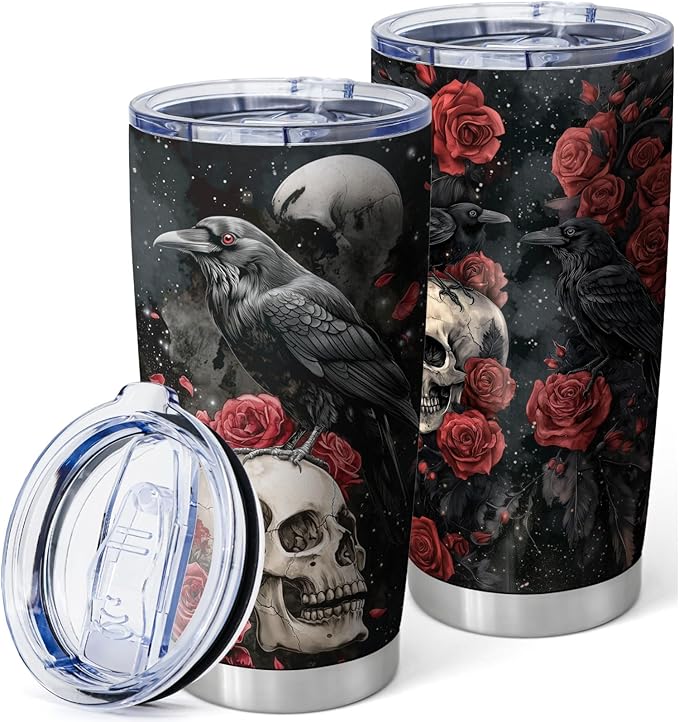 Halloween Skull and Raven Tumbler, 20oz Insulated Stainless Steel Coffee Travel Mug with Lid, Gothic Horror Cup for Women Men, Funny Spooky Tumbler for Her