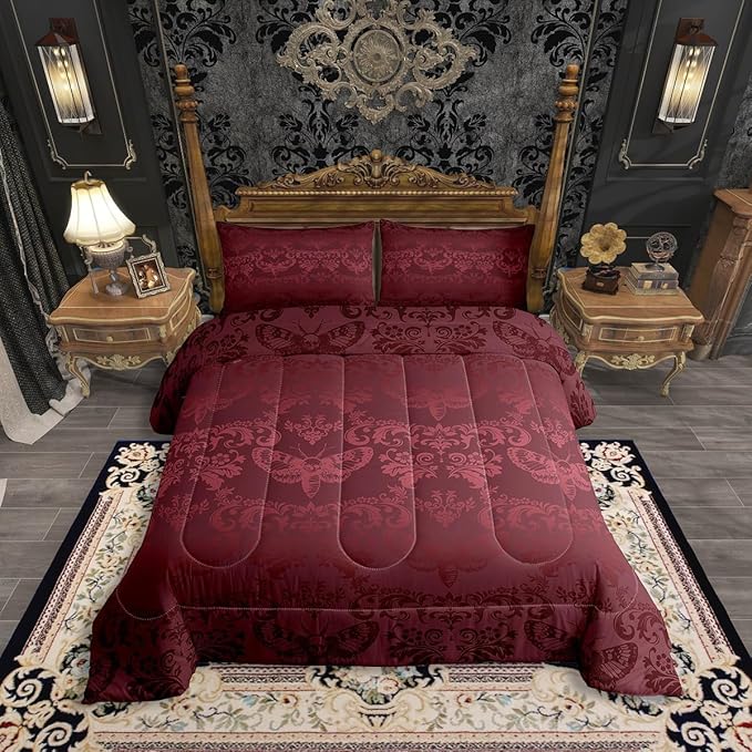 Erosebridal Gothic King Comforter Set Burgundy Moth Goth Bedding Sets Vintage Damask Boho Bedding Comforter Sets for Kids Adults,Victorian Bohemian Floral Animal Quilt Duvet 3 Pcs