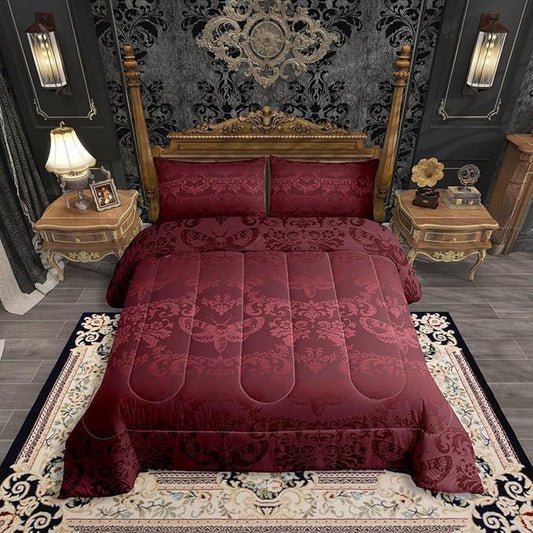 Erosebridal Gothic King Comforter Set Burgundy Moth Goth Bedding Sets Vintage Damask Boho Bedding Comforter Sets for Kids Adults,Victorian Bohemian Floral Animal Quilt Duvet 3 Pcs