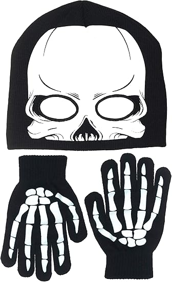 Boy's Skeleton Knit Beanie with Eye Holes & Glove Set Halloween Costume