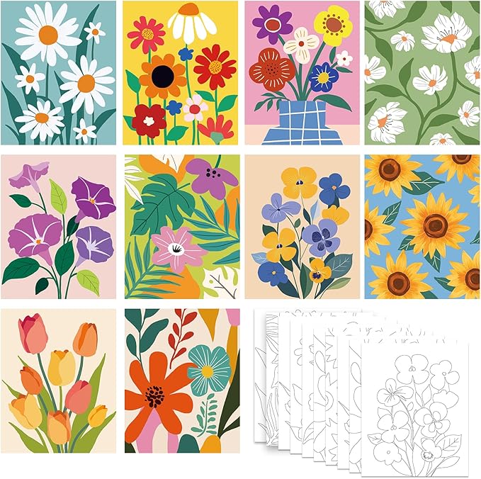 Nuberlic 10 Packs 8X10 Pre Drawn Canvas for Painting for Kids Floral Pre Printed Canvas Painting Kit Vibrant Botanical Pre Drawn Canvas to PaintGirls Night Party Supplies