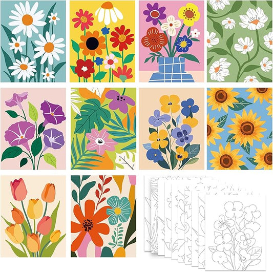 Nuberlic 10 Packs 8X10 Pre Drawn Canvas for Painting for Kids Floral Pre Printed Canvas Painting Kit Vibrant Botanical Pre Drawn Canvas to PaintGirls Night Party Supplies