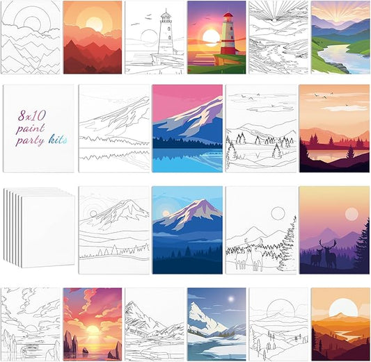 Chuangdi 10 Pcs Landscape Pre Drawn Canvas for Painting Pre Printed Paint and Sip Party Supplies 8 x 10 Inch Stretched Outline Board Painting Kit for Adults Beginner Artist DIY