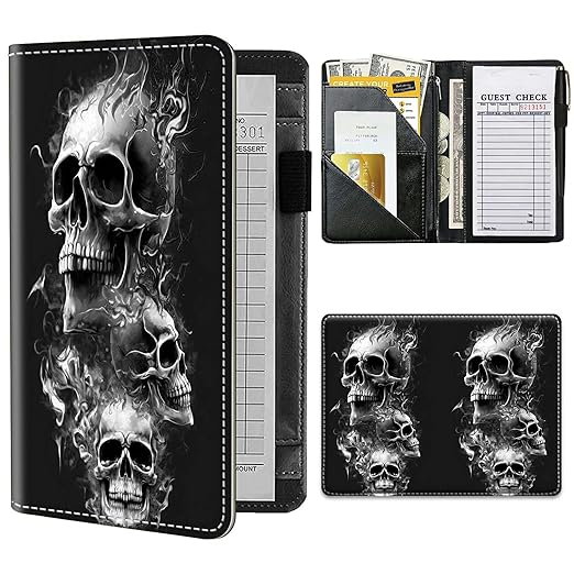 Server Books for Waitress,BEOTIWAD PU Leather Waiter Books with Zipper and Check Book Holder Money Pocket Personal Organizer Wallet for Restaurant Fit Server Aprons,Cute Skull