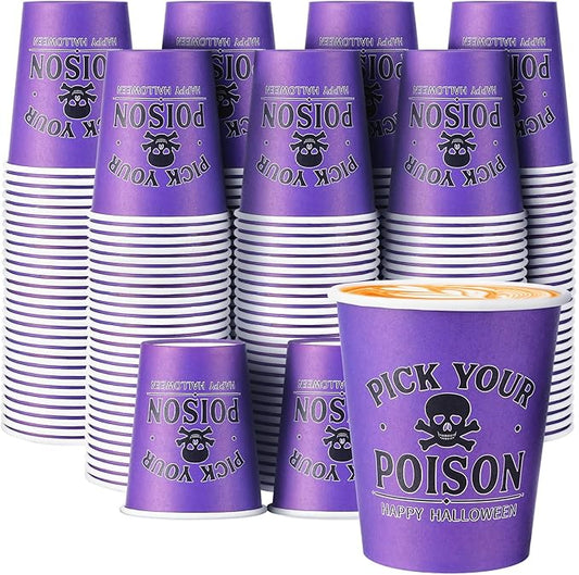 Maxcheck 100 Pcs Halloween Pick Your Poison Disposable Paper Cups Bulk 9 oz Skull Coffee Cups or Holiday Halloween Spooky Party Supplies