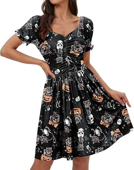 Women's Halloween 1950s Ruched Puff Sleeve Outfit Sweetheart Neckline Swing Dress