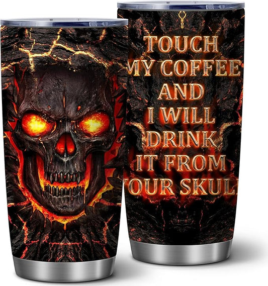 Funny Skull Tumbler for Men - 20oz Insulated Stainless Steel Vacuum Coffee Mug - Fire Lava Design - Birthday Gifts for Men(Pack of 1)