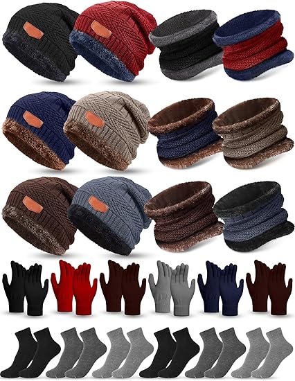 24 Pcs Winter Hat Scarf Gloves Socks Set Slouchy Knit Skull Cap Beanies Fleece Lined Knitted Hat Fleece Lining Neck Warmer Neck Gaiter Warm Sock for Women Men Cold Weather, Multicolor