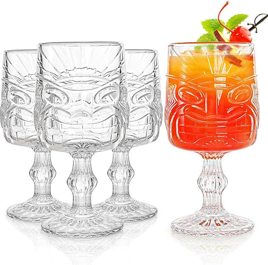 Cedilis 4 Pack Tiki Glasses, Clear Stem Skull Cup, Old Fashioned Goblet Drinking Glass for Mai Tai, Exotic Zombie Cocktails, 11.5 Ounce