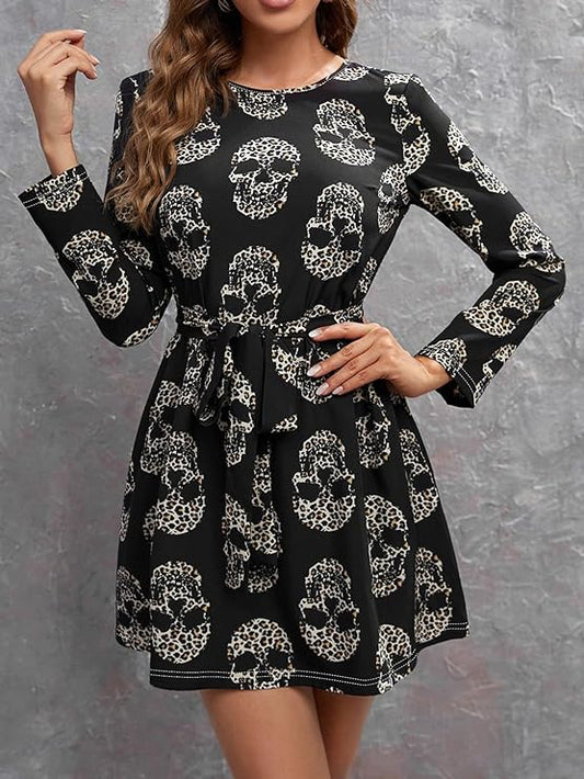 Women's Long Sleeve Round Neck Dress Skull Print Tie Waist Casual Loose Fit Flowy Mini Dress